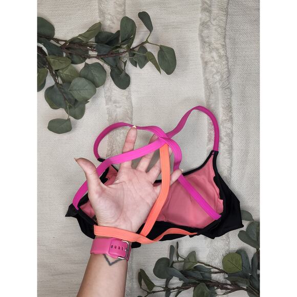 Pink Ruffle Open Back Bathing Suit Top in Black, Pink,Orange - Picture 3 of 7